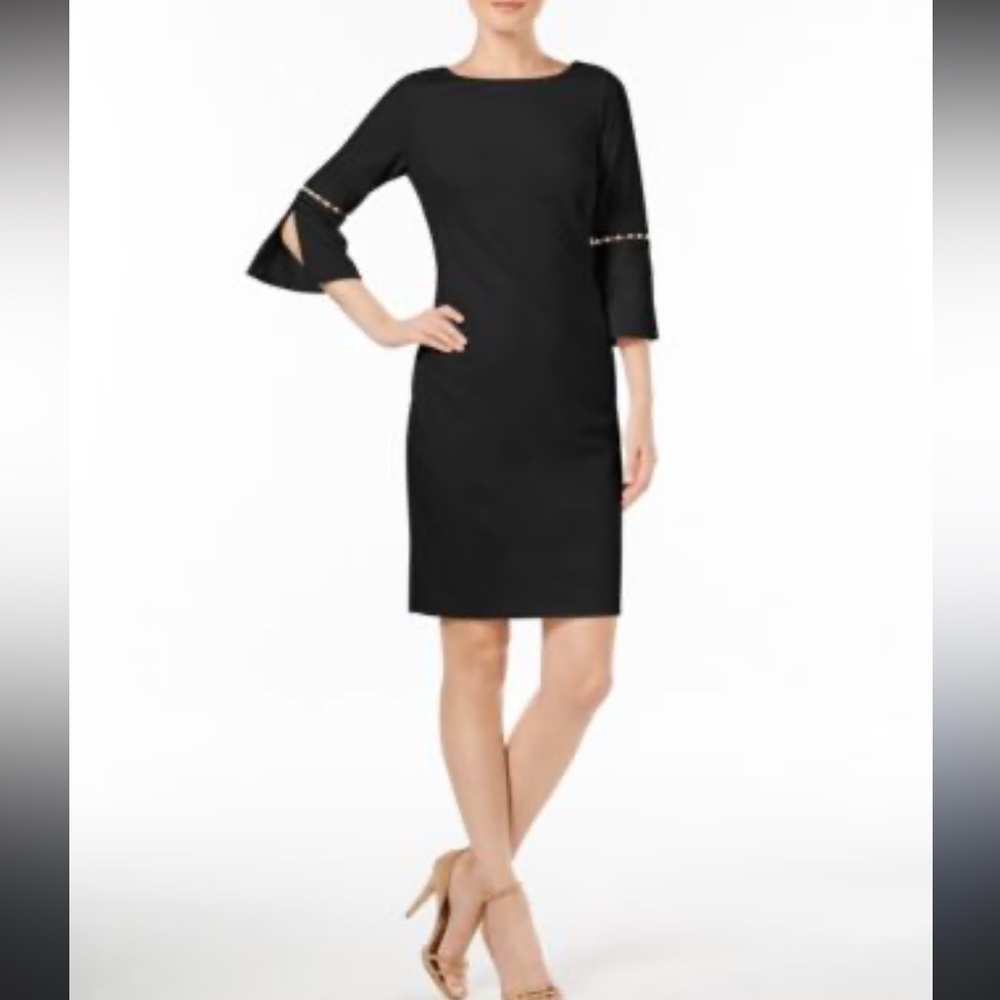 Calvin Klein Black 3/4 bell Sleeves with faux pearls black sheath dress size 10 - Picture 2 of 8